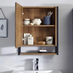 Milan Industrial Matt Black Framed Bathroom Mirror Cabinet - Wood Effect -Victorian Plumbing Shop MIL350M d2 460